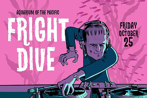 Frankensteins monster DJing in front of a pink-tinted kelp exhibit with the text "Fright Dive"